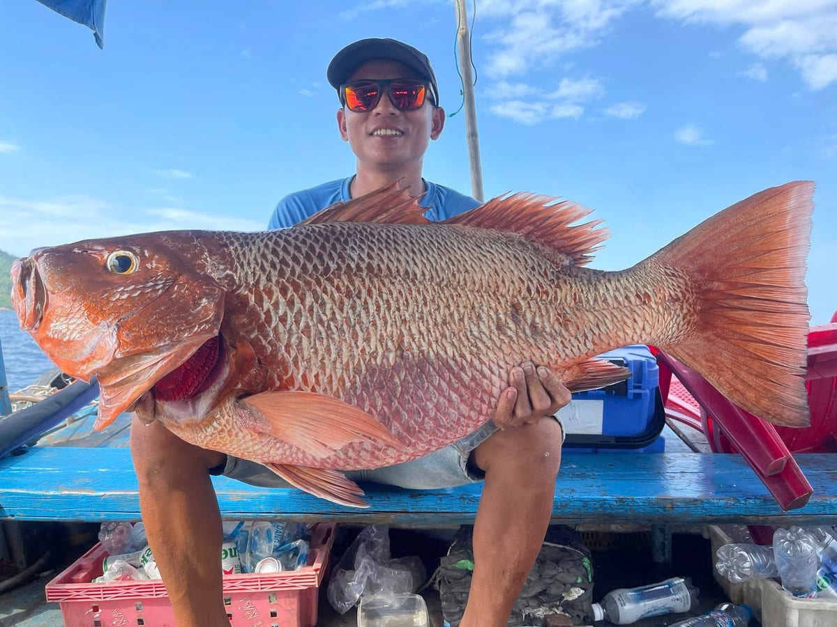 Guest holding a large red snapper caught on a big game fishing trip in Da Nang